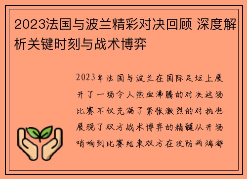 2023法国与波兰精彩对决回顾 深度解析关键时刻与战术博弈
