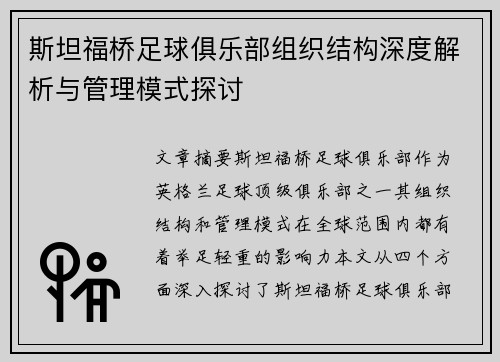斯坦福桥足球俱乐部组织结构深度解析与管理模式探讨