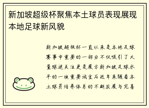 新加坡超级杯聚焦本土球员表现展现本地足球新风貌