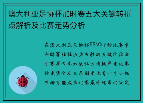 澳大利亚足协杯加时赛五大关键转折点解析及比赛走势分析