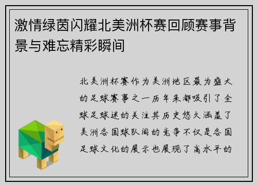 激情绿茵闪耀北美洲杯赛回顾赛事背景与难忘精彩瞬间